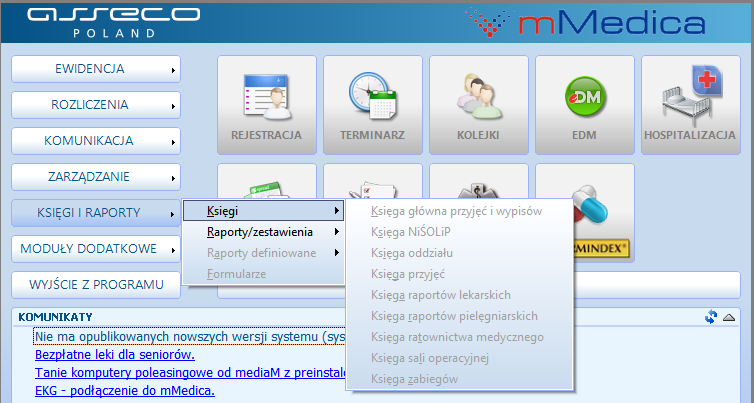 Rzeczywisty ekran startowy programu mMedica z modułami Rejestracja, Terminarz, EDM i Rozliczenia
